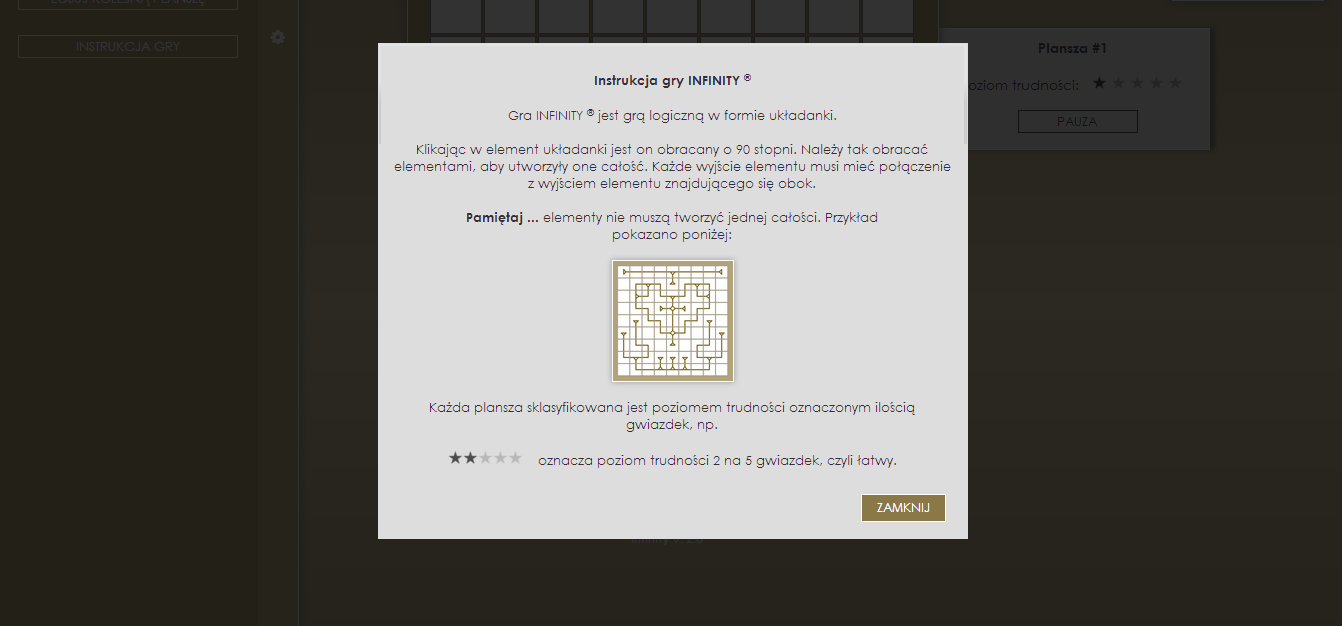 Infinity gra logiczna - ekran instrukcji gry